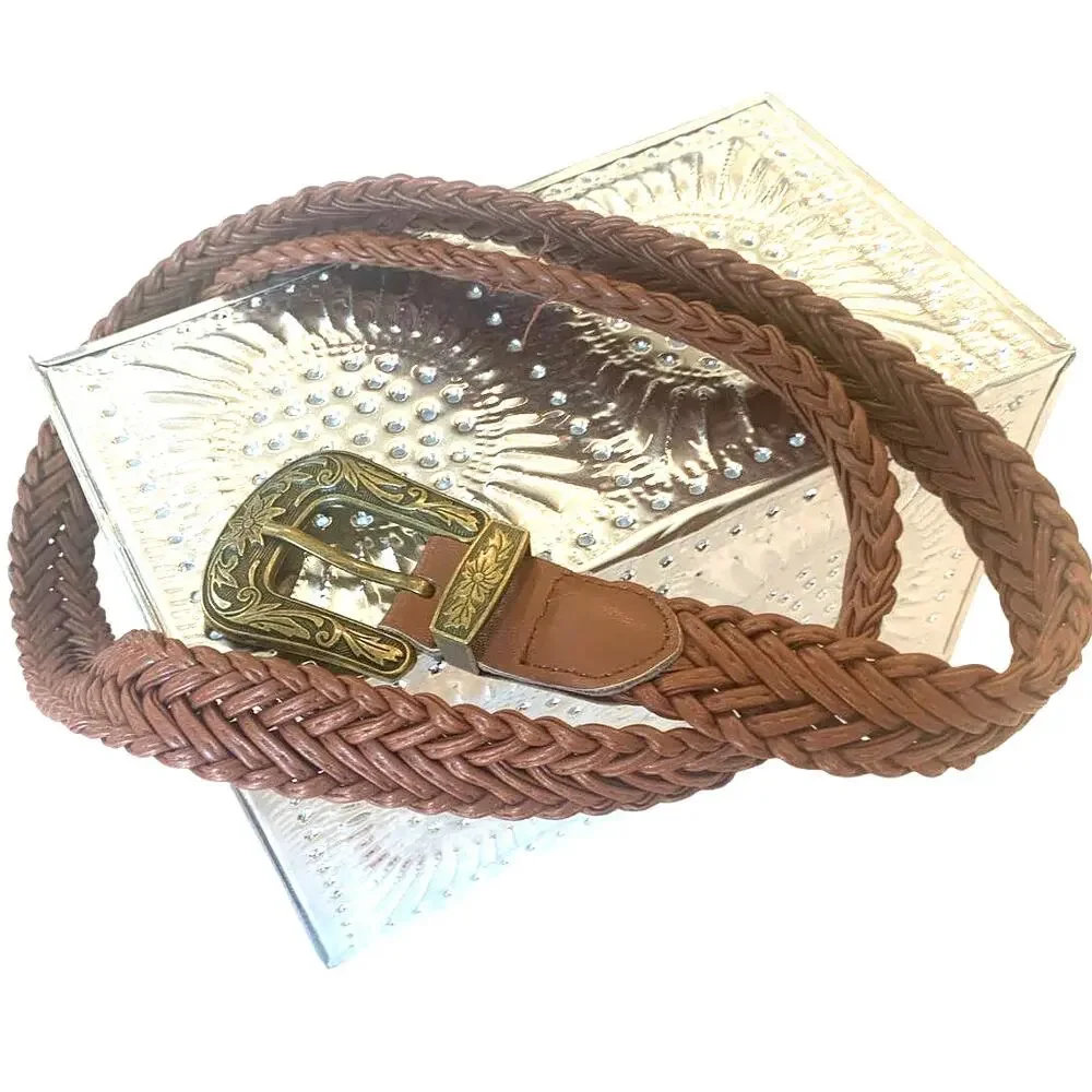 Womens Braided Faux Leather Belt Brown Western Brass Buckle Cowgirl Chic